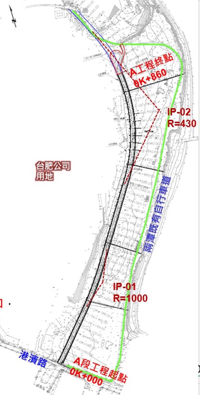 花莲港区奇莱鼻海岸景观廊带道路施作范围。（台湾港务公司提供／王志伟花莲传真）
