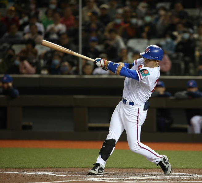 旅美好手陳聖平在台北大巨蛋首場對外測試賽開轟。（陳怡誠攝）