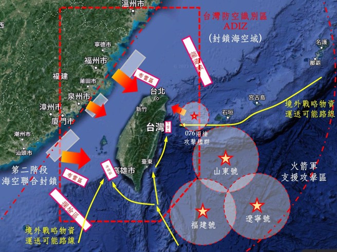 图三：模拟解放军对台湾海空封锁与打击后，可能进行三栖登岛行动之示意图。（作者王志鹏绘制）