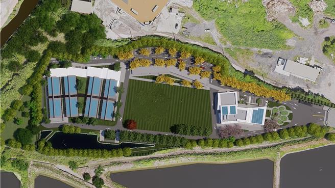 台南市动保处19日在台南市学甲国小体育馆召开地方说明会，公布将在学甲区第六公墓兴建多功能教育园区的3D鸟瞰图。（台南市动保处提供／程炳璋台南传真）