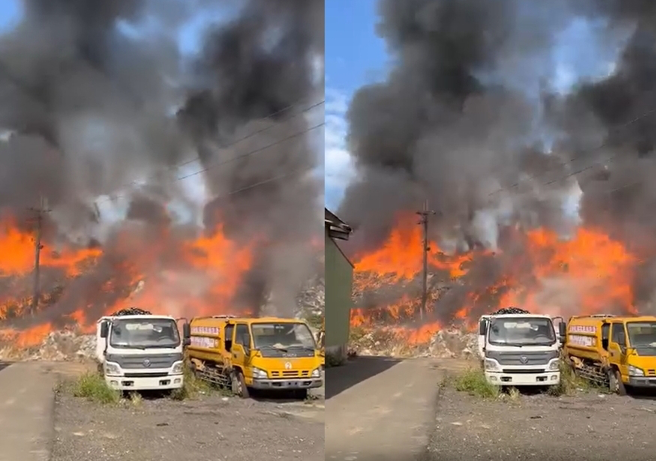 苗栗西山垃圾场发生大火，浓烟窜天伴随浓浓恶臭。（翻摄「苗栗县消防局」脸书）