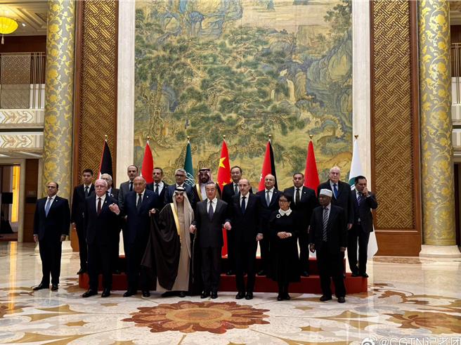 中国外交部长王毅20日会见阿拉伯和伊斯兰国家外长联合代表团。（摘自CGTN微博截图）