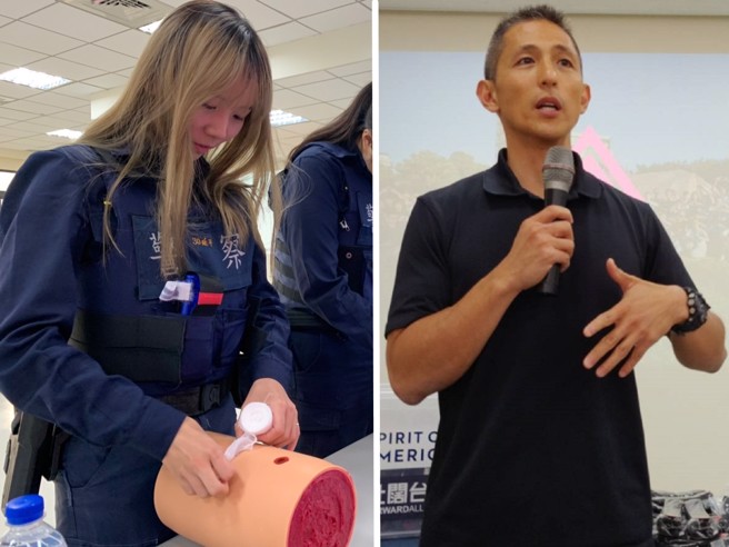 吴怡农今携手创伤急救教官训练团队至芦洲警分局进行授课。（图 / 刘咏韵翻摄）