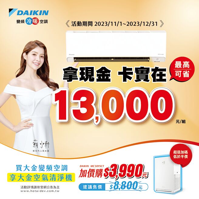 大金变频冷暖空调，清净舒适节能，今年底前购买最高可省13,000元。图／业者提供