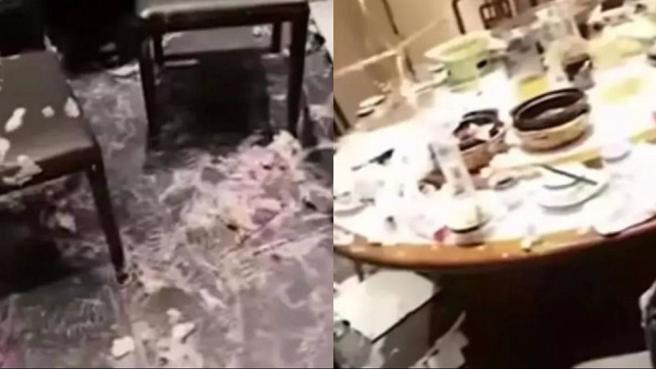 大陆日前有一群30人到饭店庆生砸蛋糕，把包厢弄得面目全非。(翻摄自 临淄发布微博)