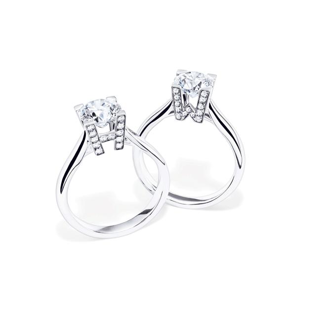 海瑞温斯顿的经典HW Logo系列订婚戒指，HW有着「丈夫与妻子」的意涵。（Harry Winston提供）