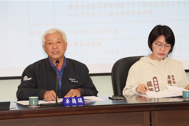 卓蘭鎮長詹錦章（左）主張石虎為夜行性動物，建議苗140線取消日間區間測速。（苗栗縣政府提供／李京昇苗栗傳真）