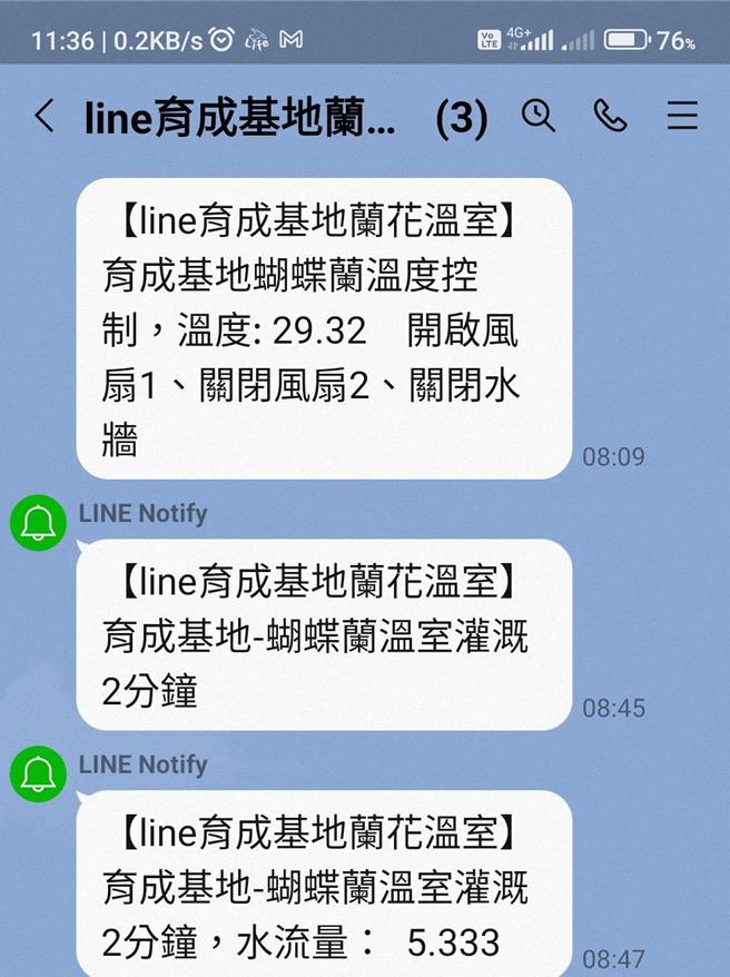 农业部桃园区农业改良场开发农业生产管理即时监控资讯系统，LINE通知监控设备运作及环境监测。（桃园区农改场提供／蔡明亘桃园传真）