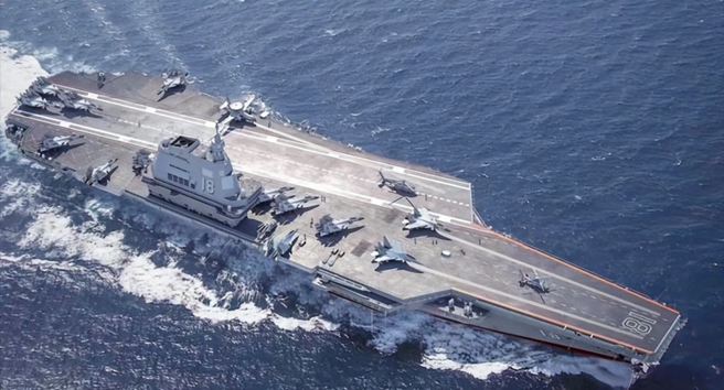 大陸軍事分析人士稱，福建艦不但要直追美國新型航母，還要有力壓日本與韓國輕型航母搭載F-35B的能力。圖為福建艦航行想像圖。（圖／騰訊網）