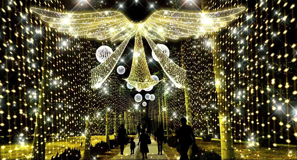 閃耀金黃翅膀與白色光球交織的天幕，為中央公園增添夢幻浪漫氛圍（模擬圖）（圖片來源：高雄市新聞局提供）
