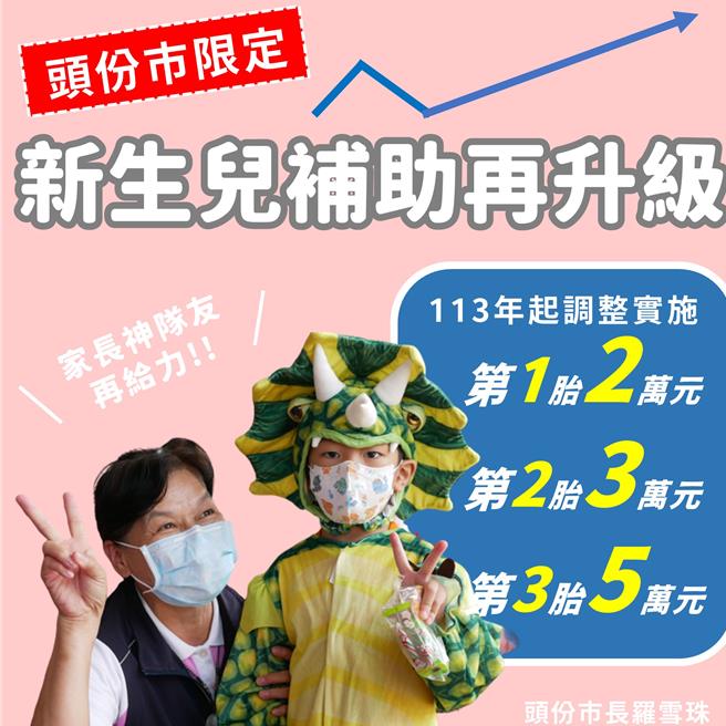 头份市公所从2024年起新生儿补助金加倍发给，第3胎以上每名5万元。（头份市公所提供／谢明俊苗栗传真）