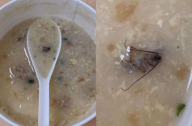 男子买了皮蛋瘦肉粥，发现料理面竟藏了一只死掉的蟑螂，让他感到噁心不已。（图／翻摄自脸书爆怨公社）