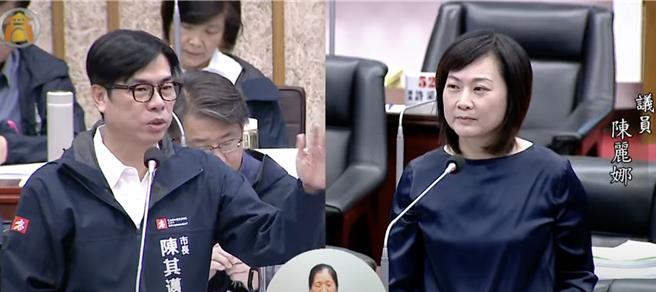 高市议员陈丽娜今（23）日在总质询时，关心大林蒲迁村进度，要求高雄市长陈其迈必须在选前说清楚迁村时程及方案、市长任内能否完成迁村。（柯宗纬翻摄）