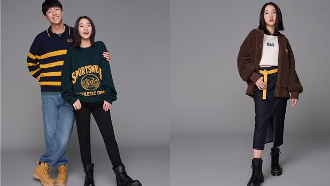 Gap邀請蔡凡熙、李沐演繹時下最夯穿搭風格，蔡凡熙身穿男裝Polo領拼色條紋毛衣2699元；李沐身上穿的包括學院風Logo毛衣1999元、羊羔绒學院風拉鏈外套3499元。（Gap提供／朱世凱台北傳真）