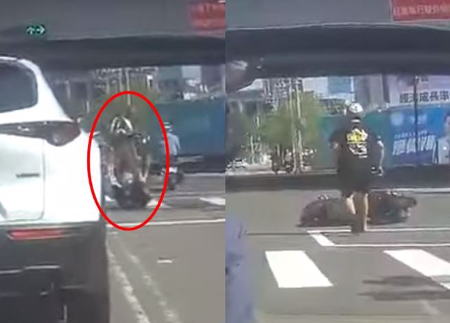 有驾驶的行车纪录器拍到，马路上有骑士一见到绿灯竟猛催油门「翘孤轮」，不料，下秒却惨跌在地。（ 图／ 翻摄自「WoWtchout-地图型行车影像分享平台」）