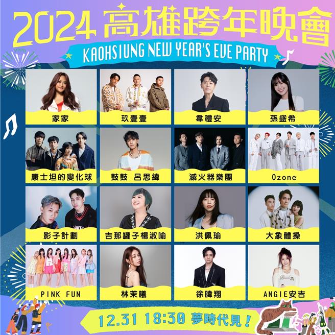 万眾期盼的跨年夜即将来临，高市府24日公布「2024高雄梦时代跨年晚会」16组超强卡司，包含韦礼安、孙盛希、鼓鼓吕思纬、Ozone、家家、灭火器乐团、洪佩瑜、康士坦的变化球、大象体操、PINK FUN、吉那罐子杨淑喻及影子计划等。（高市府新闻局提供／洪浩轩高雄传真）