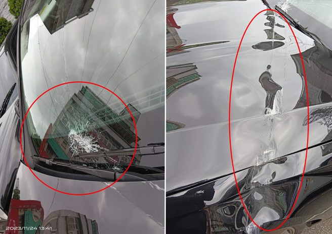 賓士車被天降鐵條砸中，玻璃碎裂，引擎蓋凹陷。（警方提供）