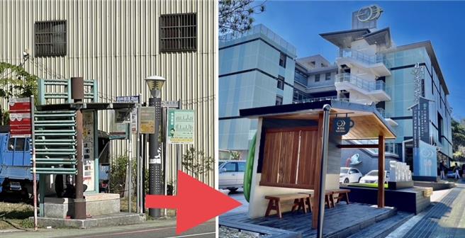 魚池鄉農會近期向農委會爭取經費改造魚池候車亭，結合紅茶、貓頭鷹、百年製茶廠等意象，候車亭成打卡熱點。（楊靜茹攝）