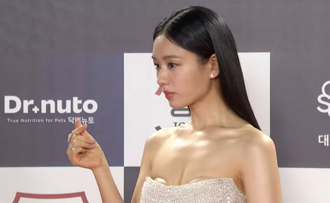 安恩真红毯不慎走光，胸贴直接见客。（图／摘自KBS Kpop YouTube）