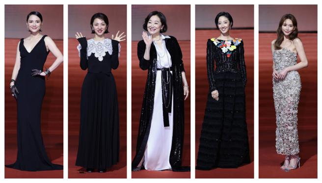 今年金马奖红毯五美出炉，由林青霞（中）领衔，与林志玲（右一）、埜纶镁（右二）、李心洁（左一）和满岛光（左二）美艳登场。（罗永铭摄）