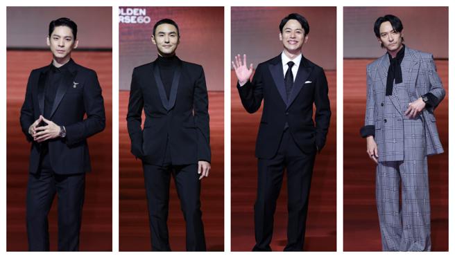 今年金马奖红毯，林柏宏（左起）、阮经天、妻夫木聪都穿正式礼服<br />
，是不出错的聪明选择，张震（右）穿宽版GUCCI男装改走飘逸风。 （陈俊吉摄）
