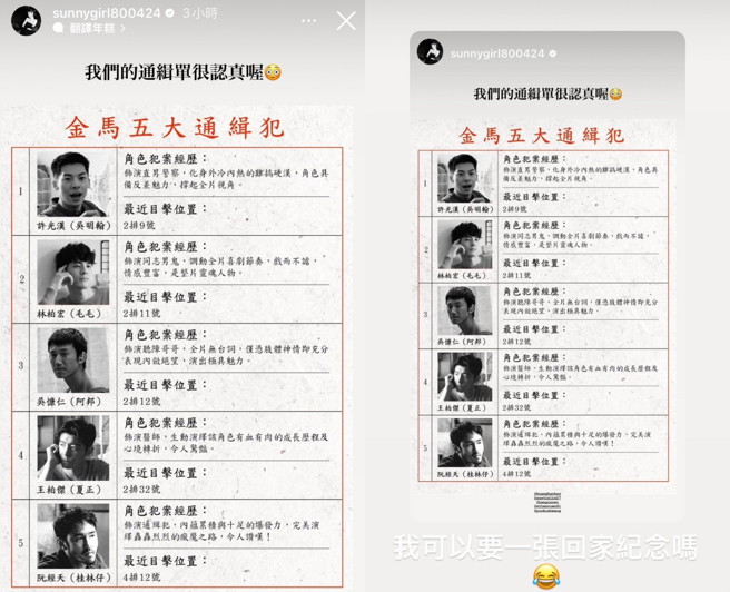 Lulu曝光「通缉单」内容，钓王柏杰羡慕喊：「我可以要一张回家纪念吗？」。（图／翻摄自Lulu黄路梓茵、王柏杰 IG）