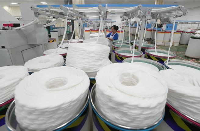 大陆工人在河北晋州市一家纺织企业的生产厂房工作。 （摘自新华社）