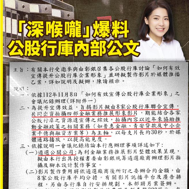 台北市議員徐巧芯痛批，財政部要求公股銀行拍攝政績宣導影片，無異於拿人民的錢洗人民的腦。（徐巧芯提供）
