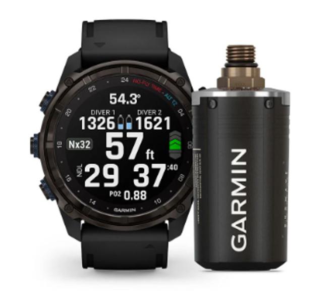Garmin Descent Mk3i 可连结多达8个Descent T2气瓶残压感测器，可随时监控潜伴深度与气瓶资料，并新增潜伴距离追踪功能。（Garmin提供／古明弘台北传真）