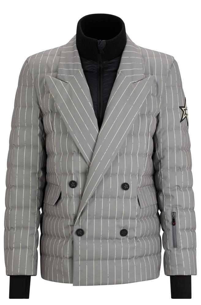 BOSS x Perfect Moment系列灰色条纹滑雪外套，官网限定，售价4万8400元。（Boss提供／黄唯淯台北传真）