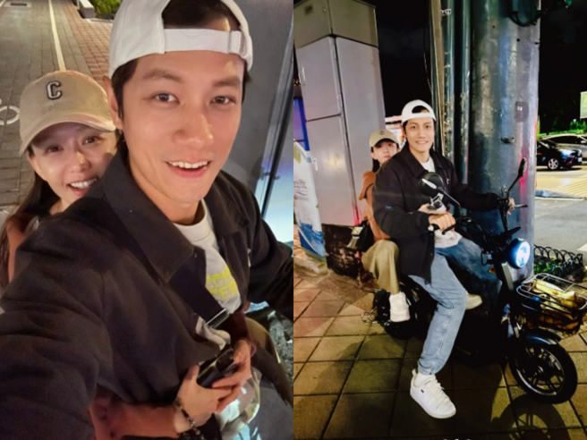 陈乔恩开心坐在后座，甜蜜依偎在老公身上。 （图／翻摄自陈乔恩 小红书）