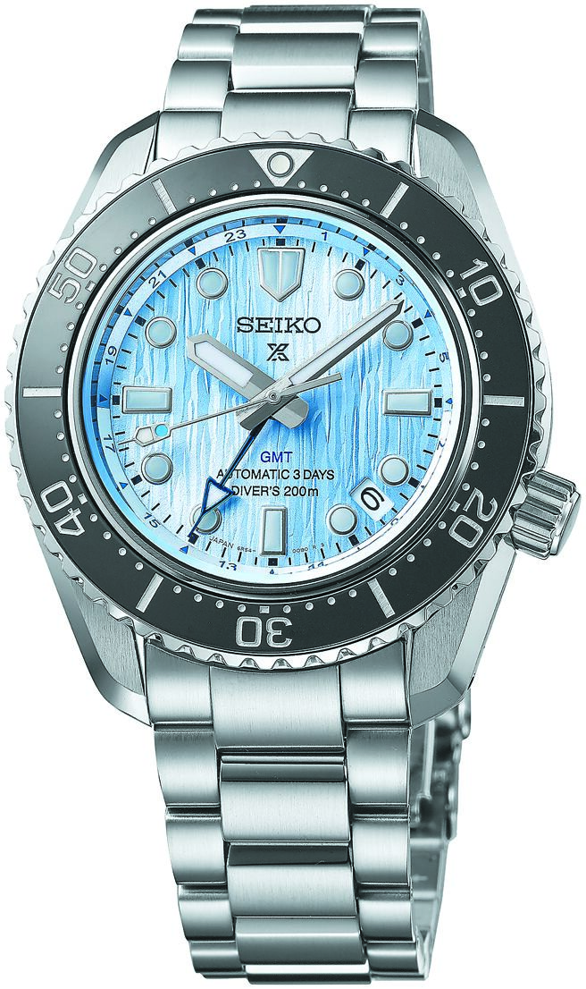 SEIKO Prospex欢庆110周年「Save the Ocean」GMT限定版腕表，水蓝色表盘，5万7500元。（SEIKO提供）