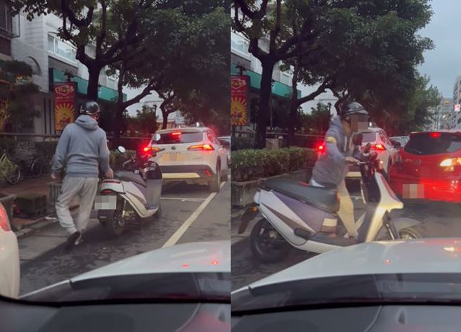 有驾驶在街头拍下，骑士用机车霸占汽车格，然而，他却苦嘆影片没时间无法检举，但网友则认为，现在这项目还没开放民眾检举。（图／翻摄自脸书交通违规检举教学（公开版））