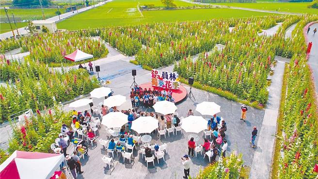 万紫千红、笔直生长的蜀葵花巨型花海，已经成为员林春天的标志性地景，上万株蜀葵花交织的花阵迷宫，每年吸引上万游客朝圣。（员林果菜公司提供／吴建辉彰化传真）