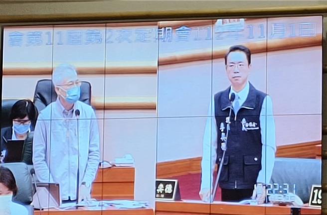 嘉义市议员李奕德质询国中小老师兼做午餐行政工作，没有津贴福利，市府教育处长郭添财答询。（廖素慧摄）