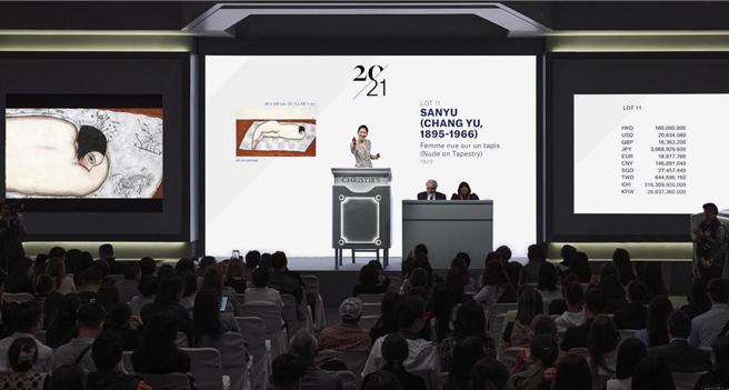 常玉《花毯上的侧卧裸女》28日以1亿8,737.5万港元成交（约合新台币7.6亿元），为这一季首件成交破亿港元的拍品。图／佳士得提供