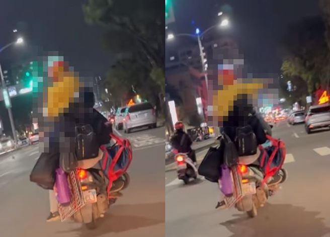 有骑士在街头看到3贴机车，且小孩还站在座垫上，恐怖的画面也让网友吓翻「「这种真的不要害惨别人」」。（图／翻摄自脸书爆料公社二社）