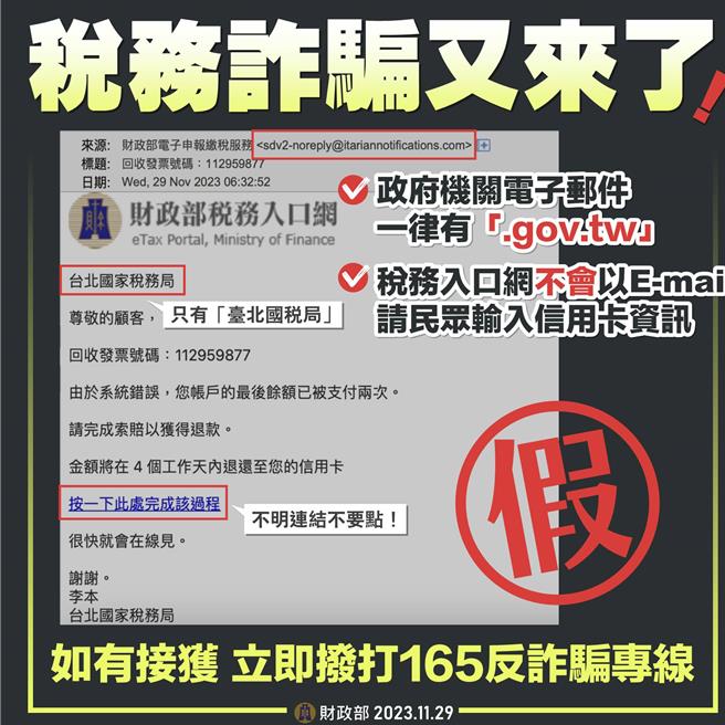 诈骗邮件(图／截自财政部脸书、吴静君传真)