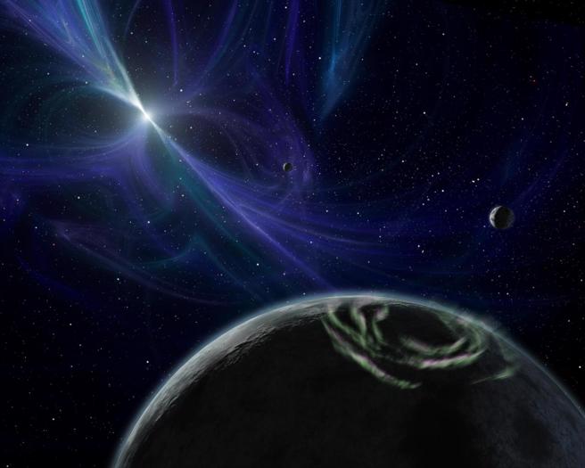 這個藝術概念圖描繪了1992年發現的脈衝星行星系統，3顆圍繞一顆名為 PSR B1257+12 的脈衝星運行的行星。（NASA/JPL-Caltech）