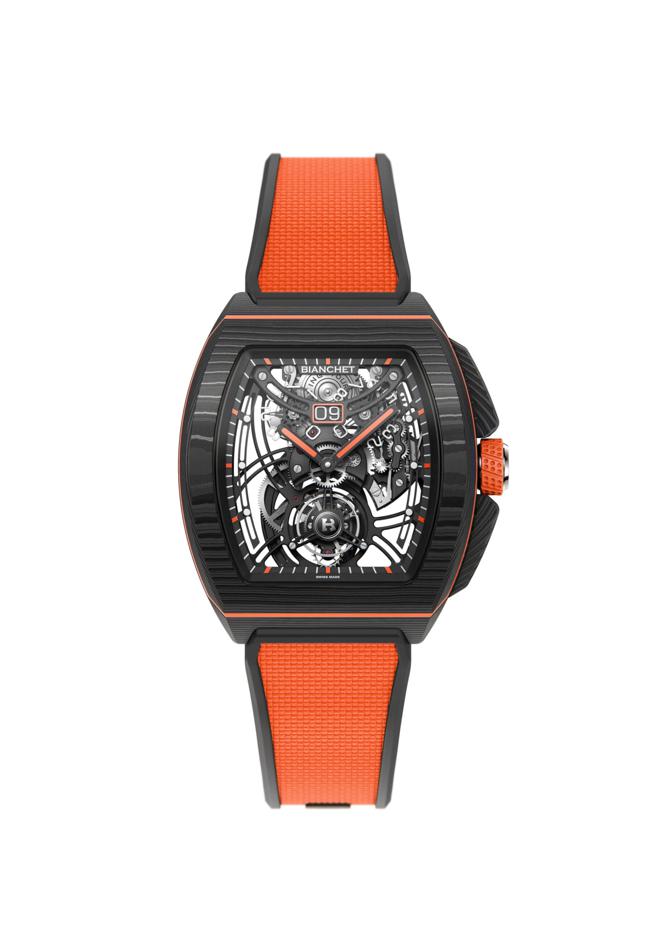 獨立製表品牌BIANCHET飛行陀飛輪碳纖維腕表，橘色款，258萬元。（BIANCHET提供）