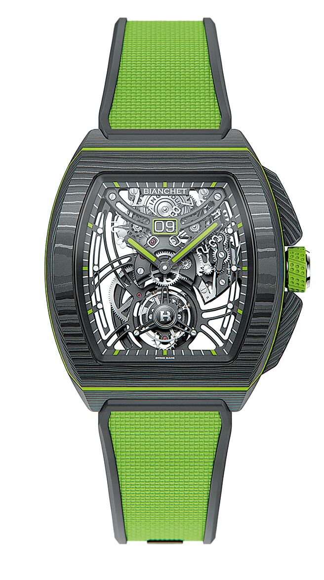 独立制表品牌BIANCHET飞行陀飞轮碳纤维腕表，莱姆绿款，258万元。（BIANCHET提供）