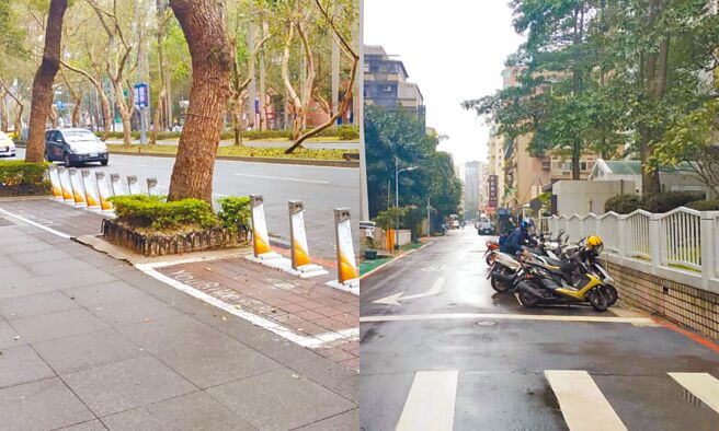 台北市交通局推动「机退2.0」政策，将人行道旁的机车格改设为机车弯。民进党议员锺佩玲质疑，改设机车弯后却未恢復机车停车格画设，而是改设为微笑单车停车架、自行车停车架或电动车电池站，变相增加机车族找停车位的困难。（锺佩玲办公室提供／丁上程台北传真）