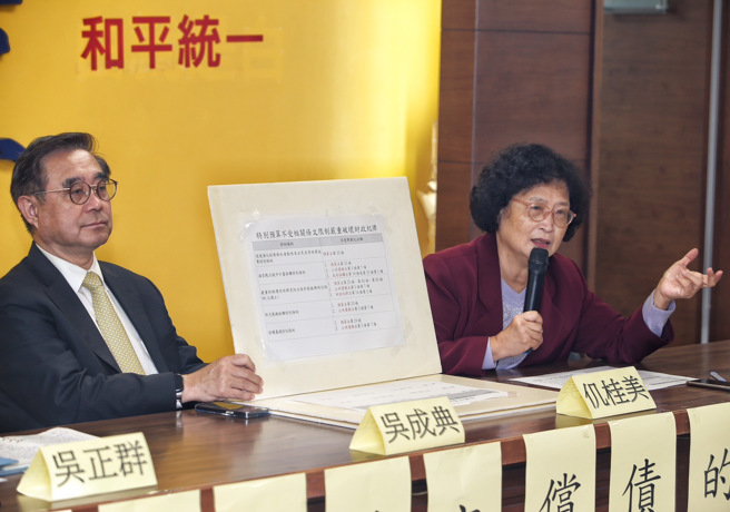 新党主席吴成典（左）、不分区立委仉桂美（右）召开「揭穿蔡英文偿债的骗局」记者会，揭穿蔡政府债留子孙，违反世代正义与社会正义。（陈怡诚摄）