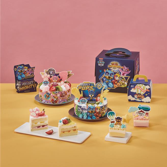 85℃携手人气卡通「汪汪队立大功」推出超萌蛋糕，包括整模与切片款式，并有可爱外盒供收藏。（85℃提供／朱世凯台北传真）