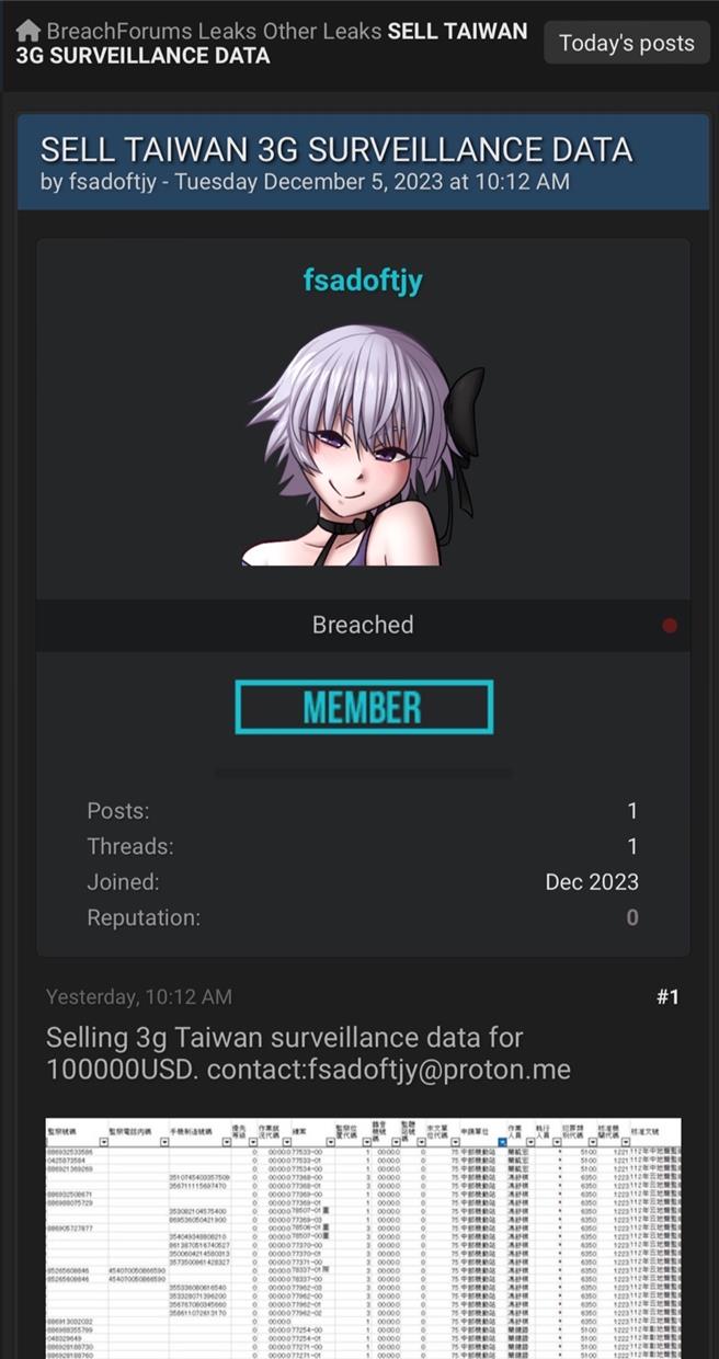 一份据传是在暗网贩卖的被监听名单在网路上流传，许多调查官、检察官纷纷收到名单。（翻摄画面）