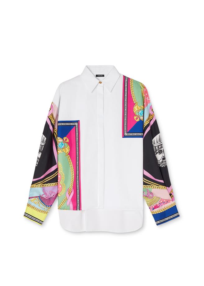 华泰名品城的Versace府绸拼接斜纹丝绸印花女装休閒衬衫，下杀1.8折只要1万250元。（华泰名品城提供／朱世凯台北传真）