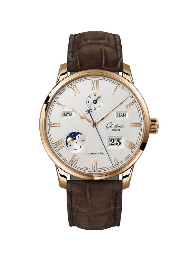 格拉苏蒂原创议员卓越Senator Excellence系列万年历腕表，红金款115万7000元。（Glashutte Original提供）