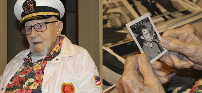 103岁的艾克，端详自己当年的照片。(图/美联社)