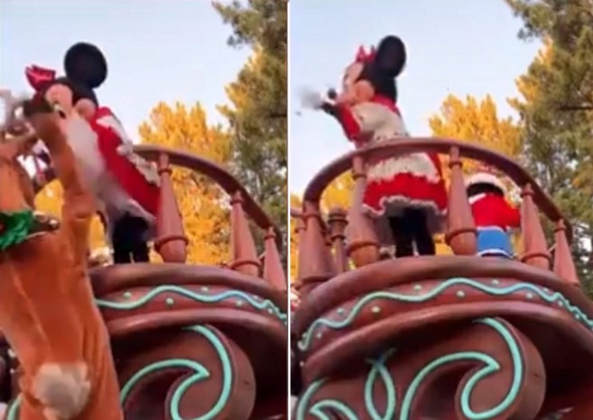 东京迪士尼近日一段游行的侧拍影片中，米妮的裙子当眾被掀起，引发争议。（图／翻摄自@zerozero09推特）
