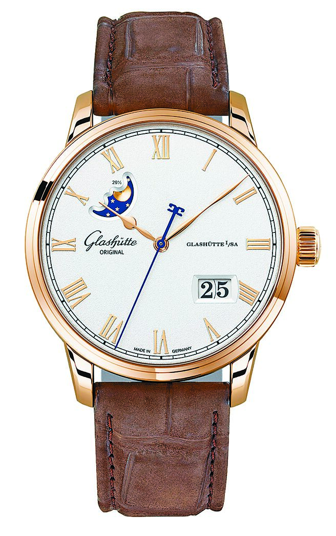 格拉蘇蒂原創議員卓越Senator Excellence系列大日曆月相腕表，紅金款75萬5000元。（Glashutte Original提供）